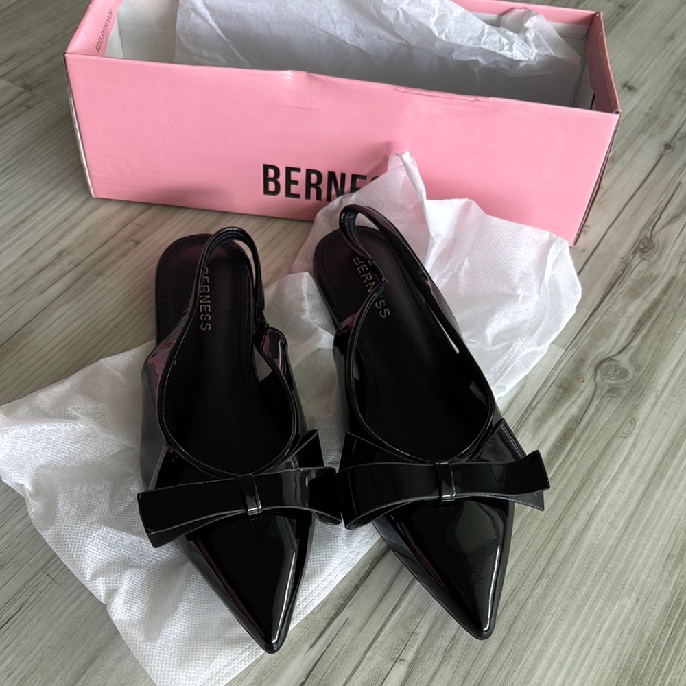 Berness Black Patent Slingback Flats with Bow